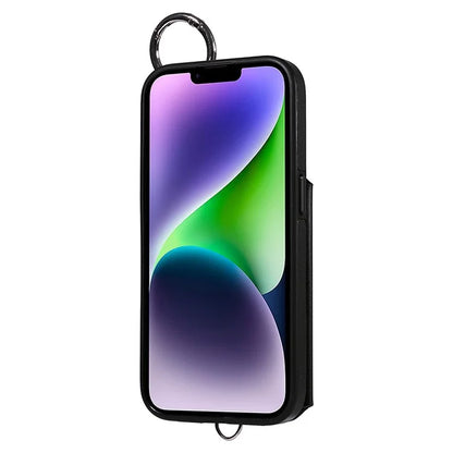 Card Bag 009 for iPhone 14 Plus Case with Hand Strap Kickstand Ring Holder Leather Back Cover