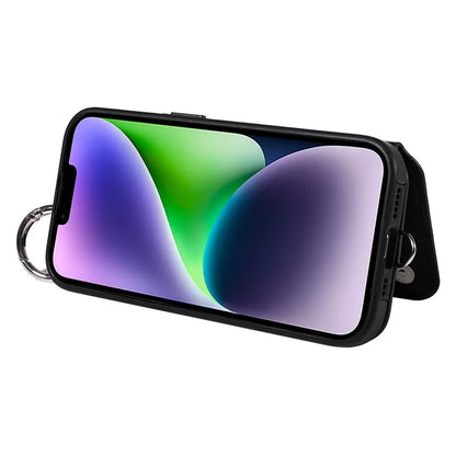 Card Bag 009 for iPhone 14 Plus Case with Hand Strap Kickstand Ring Holder Leather Back Cover
