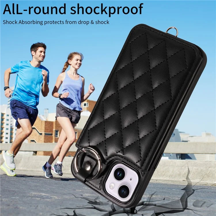 Card Bag 009 for iPhone 14 Plus Case with Hand Strap Kickstand Ring Holder Leather Back Cover