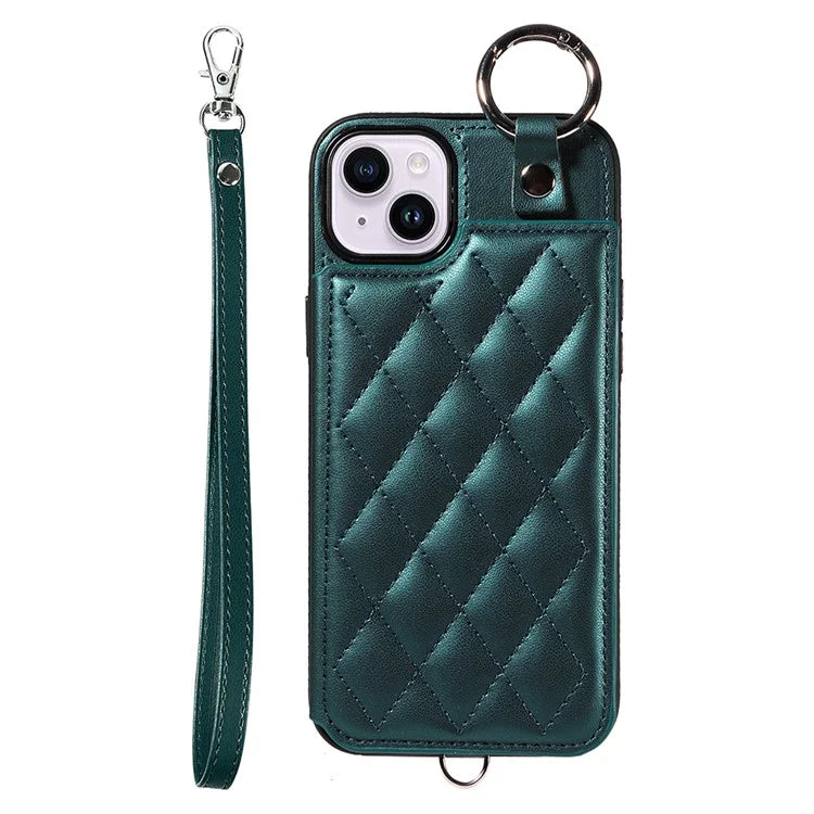 Card Bag 009 for iPhone 14 Plus Case with Hand Strap Kickstand Ring Holder Leather Back Cover