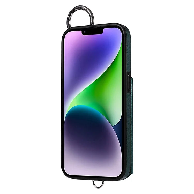 Card Bag 009 for iPhone 14 Plus Case with Hand Strap Kickstand Ring Holder Leather Back Cover