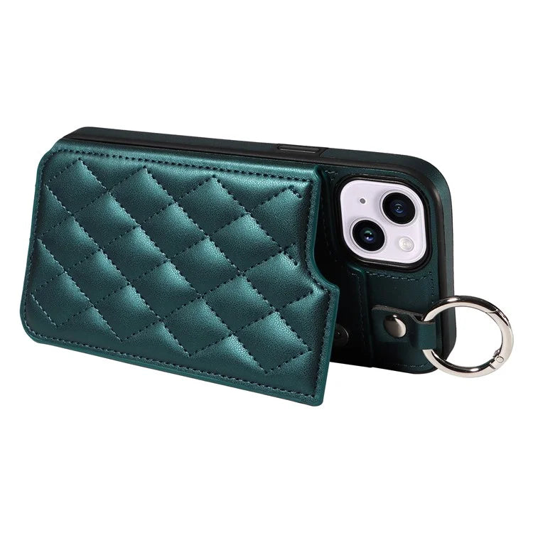 Card Bag 009 for iPhone 14 Plus Case with Hand Strap Kickstand Ring Holder Leather Back Cover