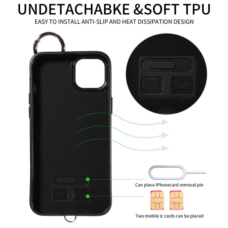 Card Bag 009 for iPhone 14 Plus Case with Hand Strap Kickstand Ring Holder Leather Back Cover