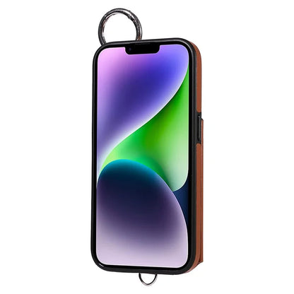 Card Bag 009 for iPhone 14 Plus Case with Hand Strap Kickstand Ring Holder Leather Back Cover