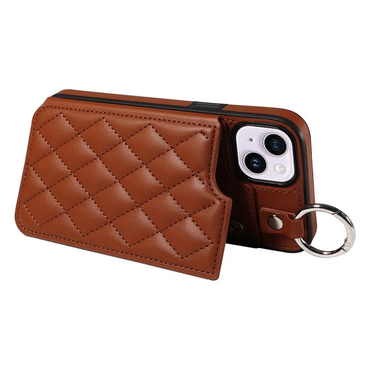 Card Bag 009 for iPhone 14 Plus Case with Hand Strap Kickstand Ring Holder Leather Back Cover