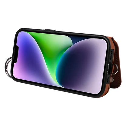 Card Bag 009 for iPhone 14 Plus Case with Hand Strap Kickstand Ring Holder Leather Back Cover
