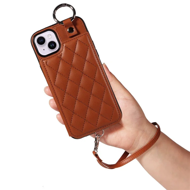 Card Bag 009 for iPhone 14 Plus Case with Hand Strap Kickstand Ring Holder Leather Back Cover