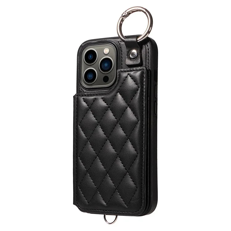 Card Bag 009 for iPhone 13 Pro Case Leather+TPU Phone Cover Rhombus Pattern