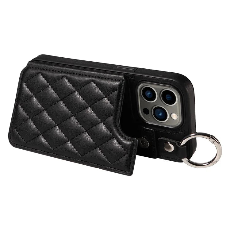 Card Bag 009 for iPhone 13 Pro Case Leather+TPU Phone Cover Rhombus Pattern