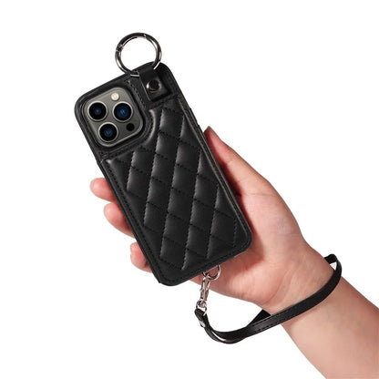 Card Bag 009 for iPhone 13 Pro Case Leather+TPU Phone Cover Rhombus Pattern