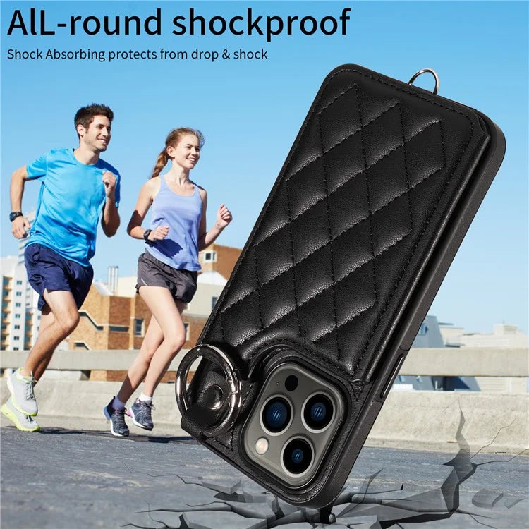 Card Bag 009 for iPhone 13 Pro Case Leather+TPU Phone Cover Rhombus Pattern