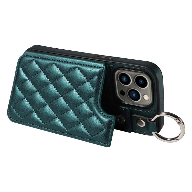 Card Bag 009 for iPhone 13 Pro Case Leather+TPU Phone Cover Rhombus Pattern