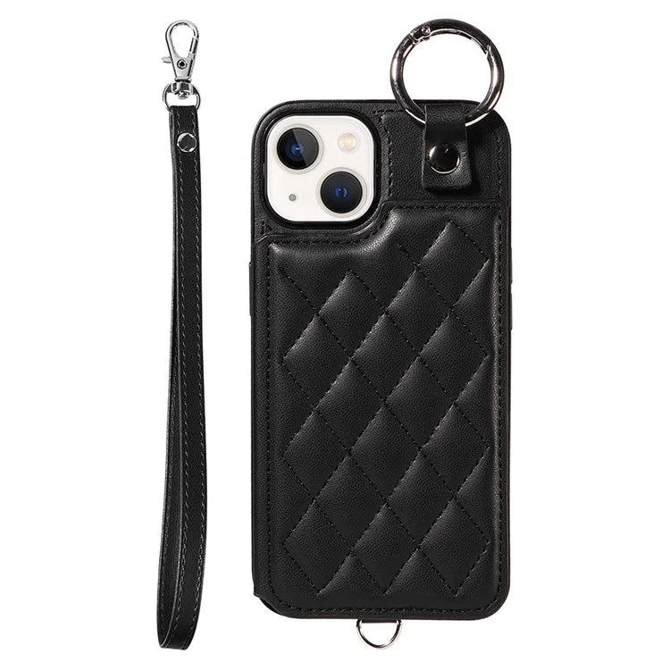 Card Bag 009 for iPhone 13 Case Rhombus Leather+TPU Phone Cover Kickstand Ring Holder