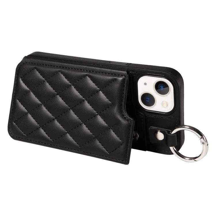 Card Bag 009 for iPhone 13 Case Rhombus Leather+TPU Phone Cover Kickstand Ring Holder