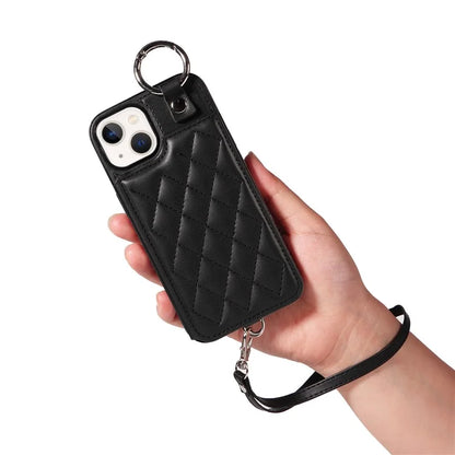 Card Bag 009 for iPhone 13 Case Rhombus Leather+TPU Phone Cover Kickstand Ring Holder