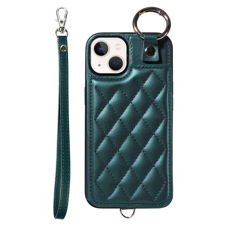 Card Bag 009 for iPhone 13 Case Rhombus Leather+TPU Phone Cover Kickstand Ring Holder