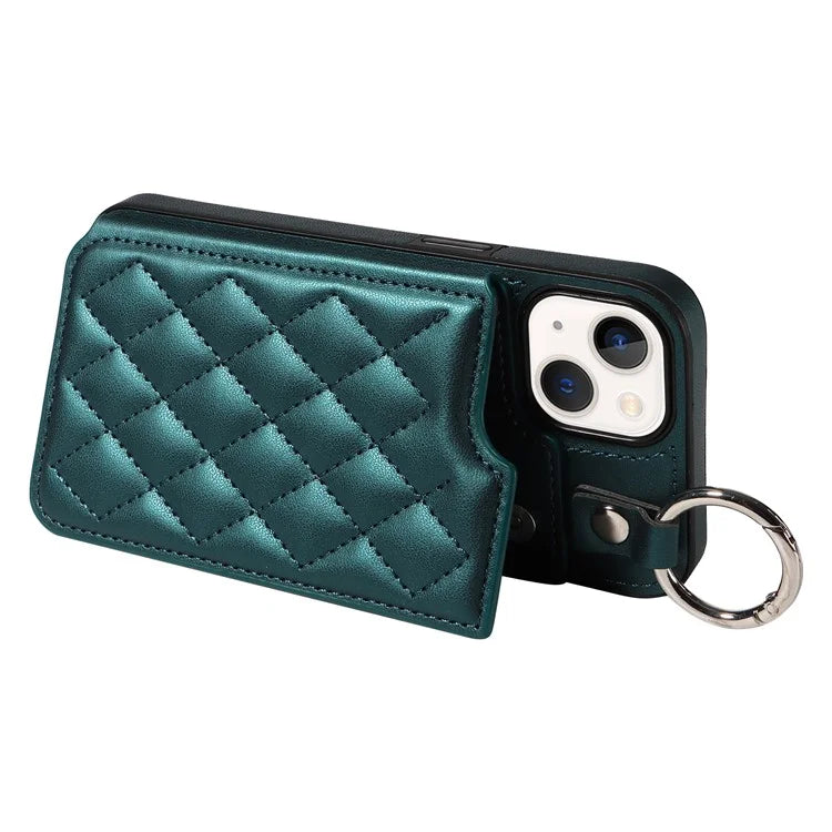 Card Bag 009 for iPhone 13 Case Rhombus Leather+TPU Phone Cover Kickstand Ring Holder