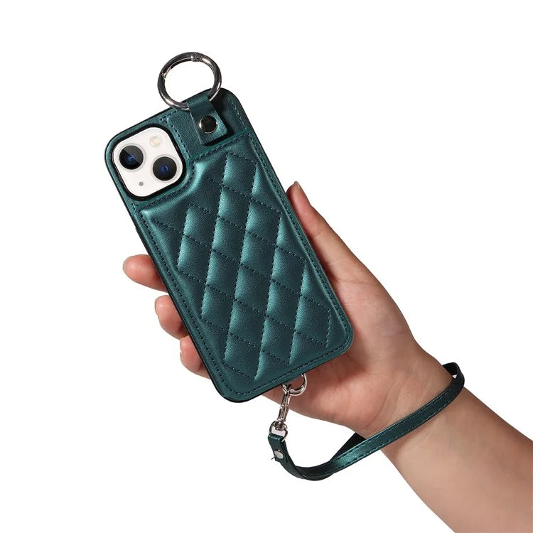 Card Bag 009 for iPhone 13 Case Rhombus Leather+TPU Phone Cover Kickstand Ring Holder