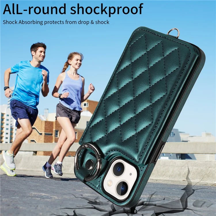 Card Bag 009 for iPhone 13 Case Rhombus Leather+TPU Phone Cover Kickstand Ring Holder