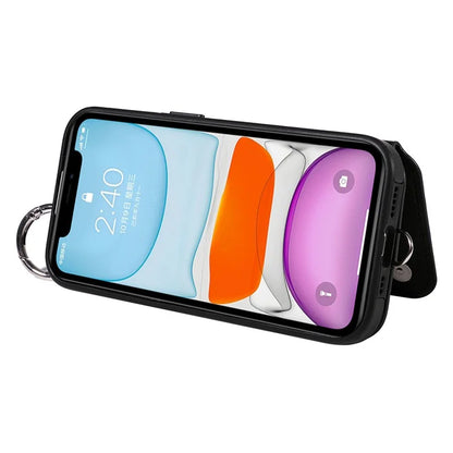 Card Bag 009 for iPhone 11 Case Finger Ring Leather Coated TPU Kickstand Phone Cover