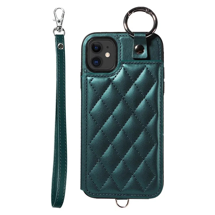 Card Bag 009 for iPhone 11 Case Finger Ring Leather Coated TPU Kickstand Phone Cover