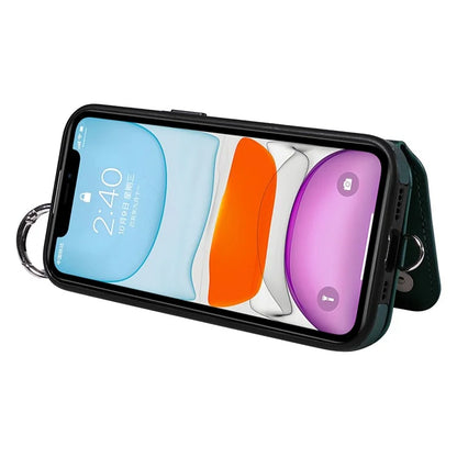 Card Bag 009 for iPhone 11 Case Finger Ring Leather Coated TPU Kickstand Phone Cover