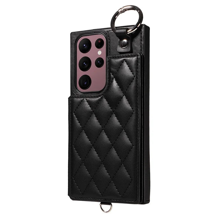 Card Bag 009 for Samsung Galaxy S22 Ultra 5G Case Leather+TPU Phone Cover Hanging Ring