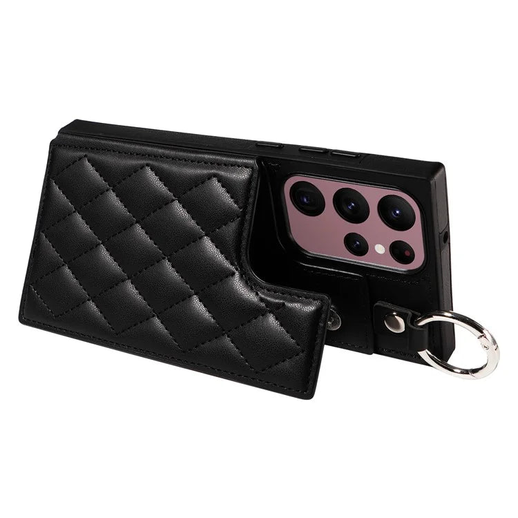 Card Bag 009 for Samsung Galaxy S22 Ultra 5G Case Leather+TPU Phone Cover Hanging Ring