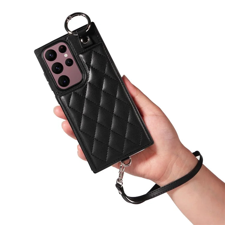 Card Bag 009 for Samsung Galaxy S22 Ultra 5G Case Leather+TPU Phone Cover Hanging Ring