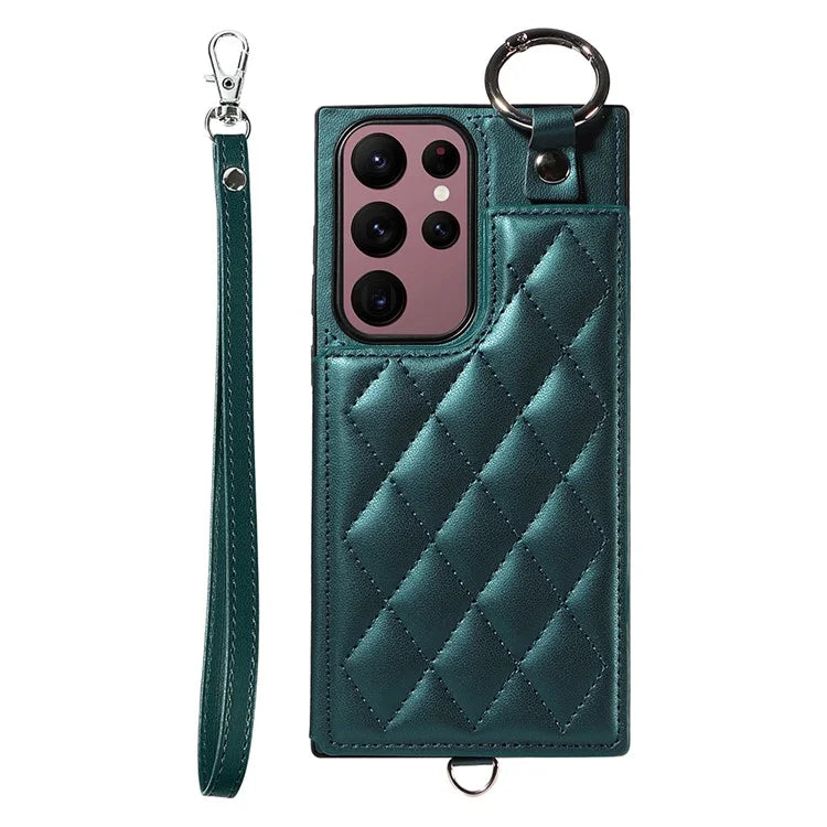Card Bag 009 for Samsung Galaxy S22 Ultra 5G Case Leather+TPU Phone Cover Hanging Ring