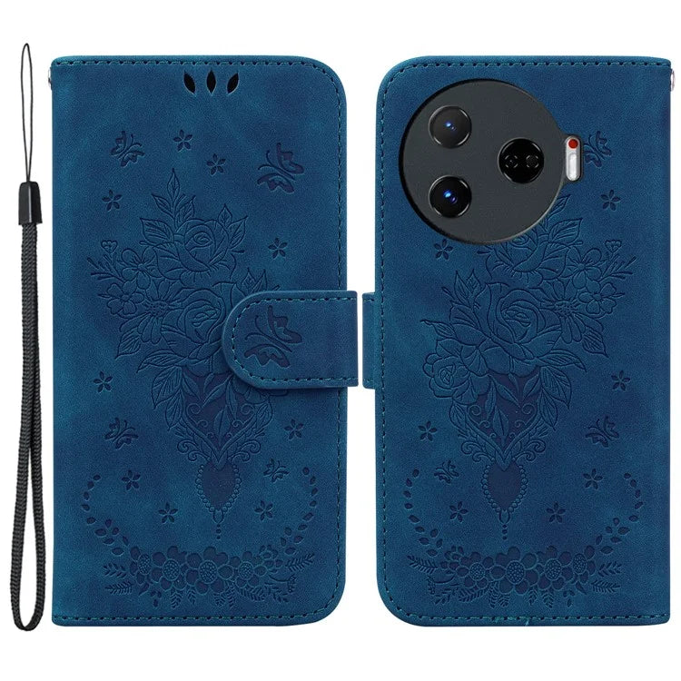 For TECNO Camon 30 Pro 5G Wallet Stand Case Butterfly Rose Imprint Leather Phone Cover