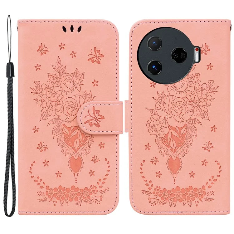 For TECNO Camon 30 Pro 5G Wallet Stand Case Butterfly Rose Imprint Leather Phone Cover