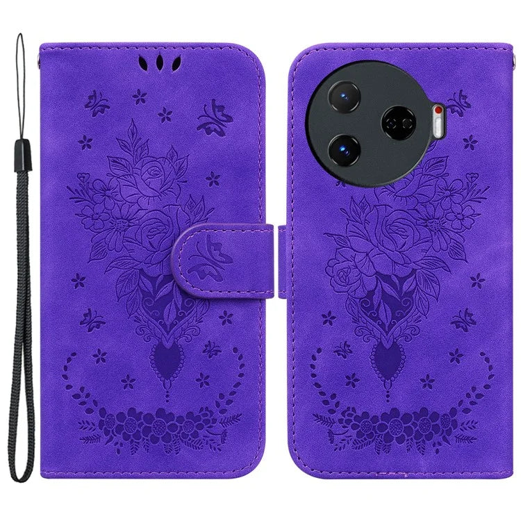 For TECNO Camon 30 Pro 5G Wallet Stand Case Butterfly Rose Imprint Leather Phone Cover