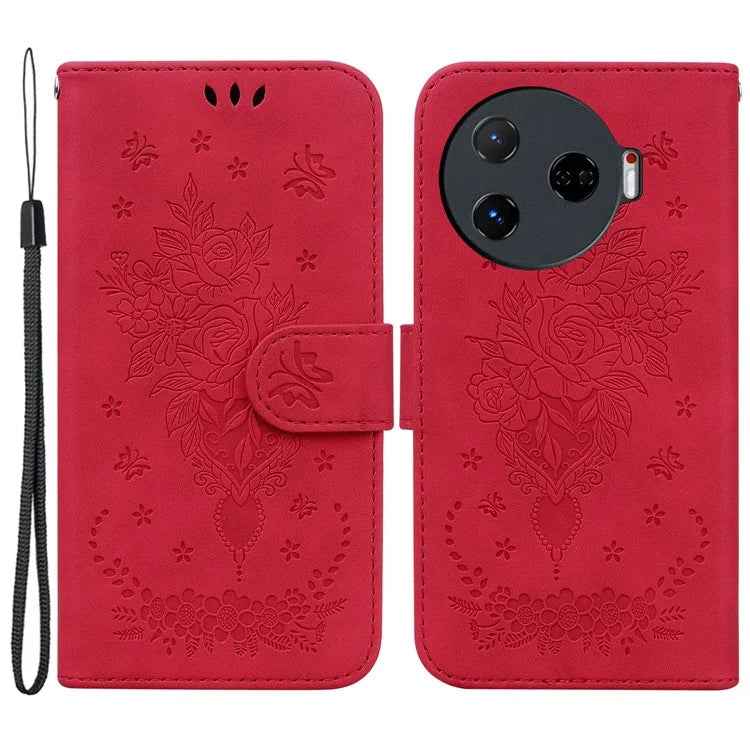 For TECNO Camon 30 Pro 5G Wallet Stand Case Butterfly Rose Imprint Leather Phone Cover