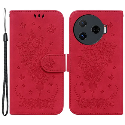 For TECNO Camon 30 Pro 5G Wallet Stand Case Butterfly Rose Imprint Leather Phone Cover