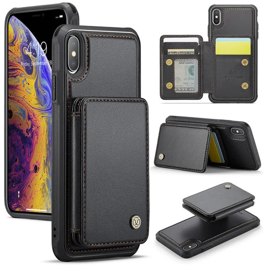 JEEHOOD J05 For iPhone XS Max Magnetic Case Card Bag Kickstand PU+TPU Phone Cover