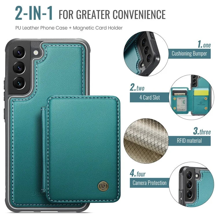JEEHOOD J05 For Samsung Galaxy S22+ 5G Case TPU+Leather Phone Cover with Magnetic Detachable Card Bag