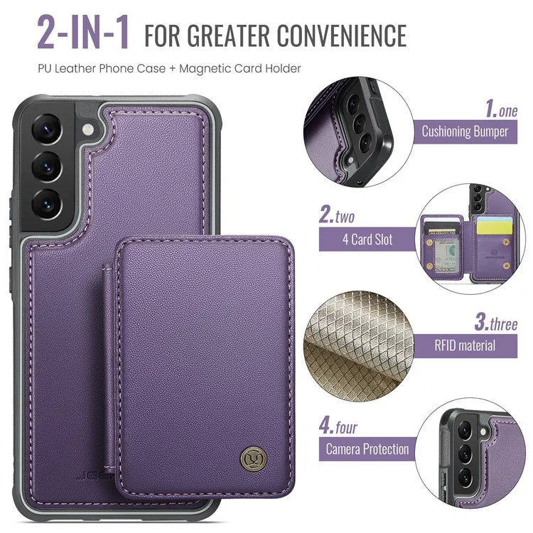 JEEHOOD J05 For Samsung Galaxy S22+ 5G Case TPU+Leather Phone Cover with Magnetic Detachable Card Bag