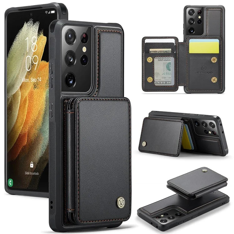 JEEHOOD J05 For Samsung Galaxy S21 Ultra 5G Case Magnetic Detachable Card Holder Anti-Drop Phone Cover