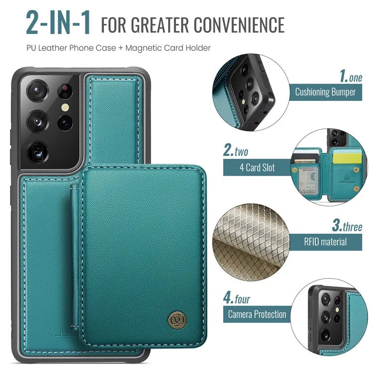 JEEHOOD J05 For Samsung Galaxy S21 Ultra 5G Case Magnetic Detachable Card Holder Anti-Drop Phone Cover