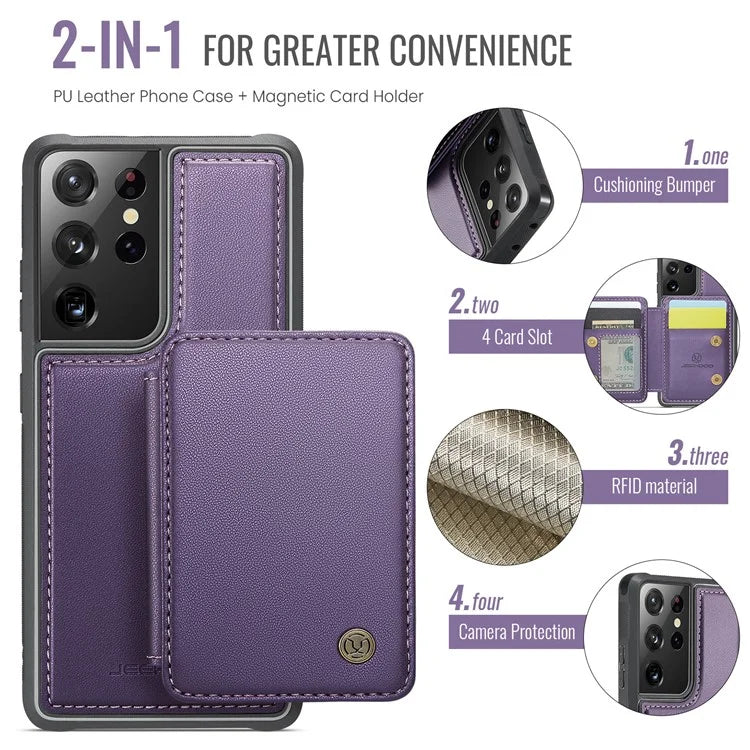 JEEHOOD J05 For Samsung Galaxy S21 Ultra 5G Case Magnetic Detachable Card Holder Anti-Drop Phone Cover