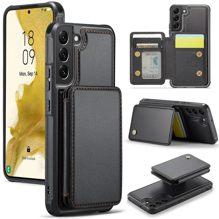 JEEHOOD J05 For Samsung Galaxy S22 5G Case TPU+PU Phone Cover with Magnetic Detachable Card Holder