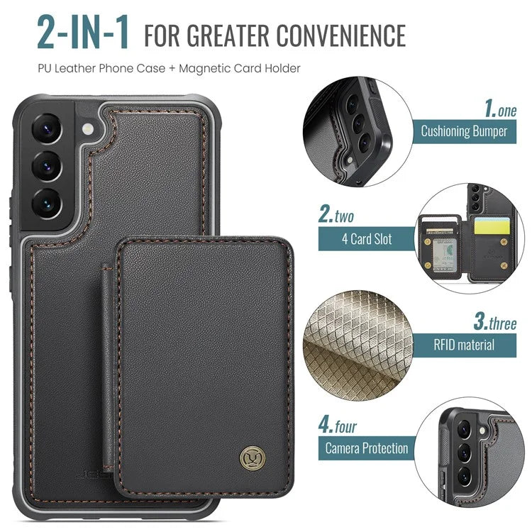 JEEHOOD J05 For Samsung Galaxy S22 5G Case TPU+PU Phone Cover with Magnetic Detachable Card Holder