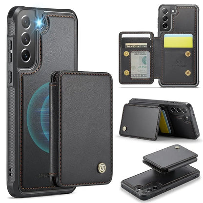 JEEHOOD J05 For Samsung Galaxy S21 FE 5G Magnetic Case PU+TPU Kickstand Phone Cover Detachable Card Bag