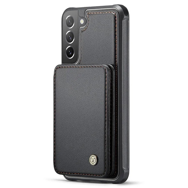 JEEHOOD J05 For Samsung Galaxy S21 FE 5G Magnetic Case PU+TPU Kickstand Phone Cover Detachable Card Bag