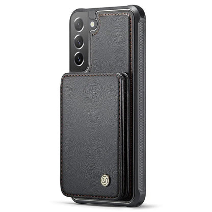 JEEHOOD J05 For Samsung Galaxy S21 FE 5G Magnetic Case PU+TPU Kickstand Phone Cover Detachable Card Bag