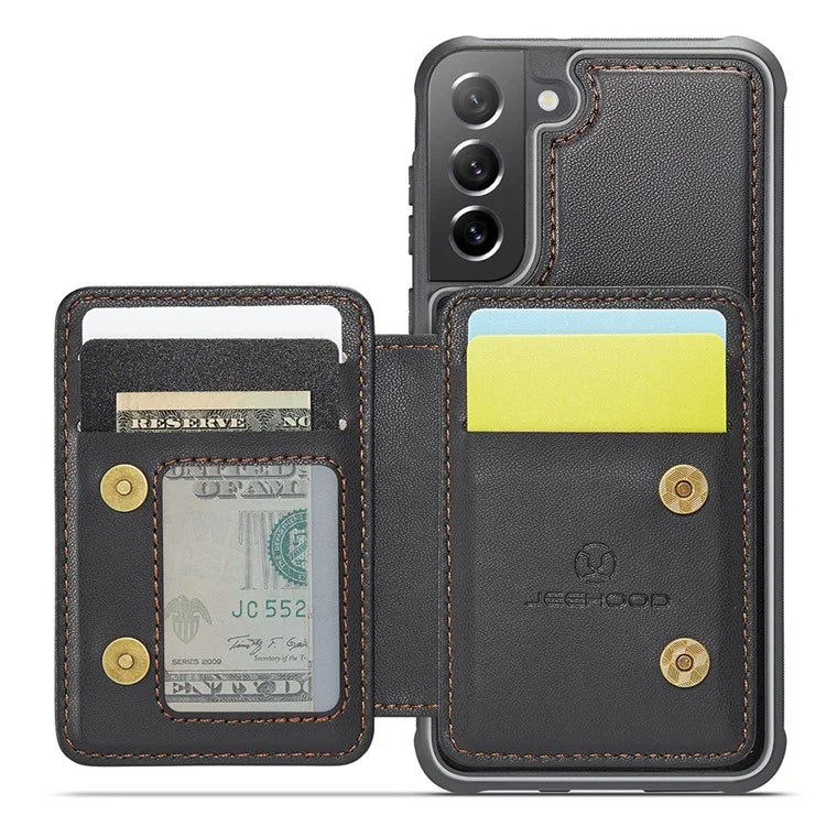 JEEHOOD J05 For Samsung Galaxy S21 FE 5G Magnetic Case PU+TPU Kickstand Phone Cover Detachable Card Bag