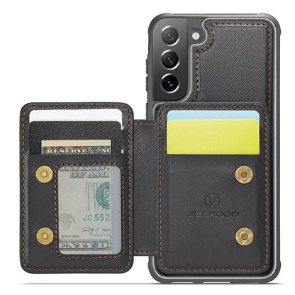 JEEHOOD J05 For Samsung Galaxy S21 FE 5G Magnetic Case PU+TPU Kickstand Phone Cover Detachable Card Bag