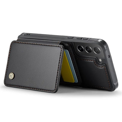 JEEHOOD J05 For Samsung Galaxy S21 FE 5G Magnetic Case PU+TPU Kickstand Phone Cover Detachable Card Bag