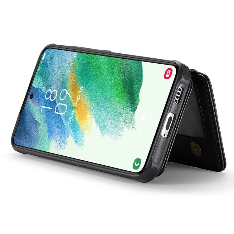JEEHOOD J05 For Samsung Galaxy S21 FE 5G Magnetic Case PU+TPU Kickstand Phone Cover Detachable Card Bag